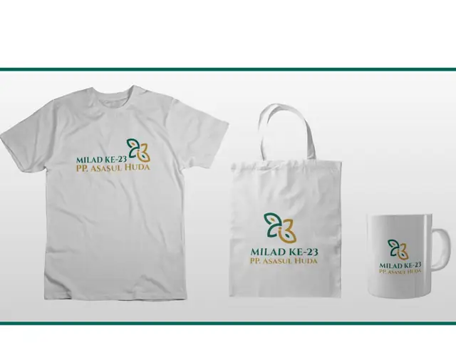 Logo Milad 23 pada kaos, tas, dan mug